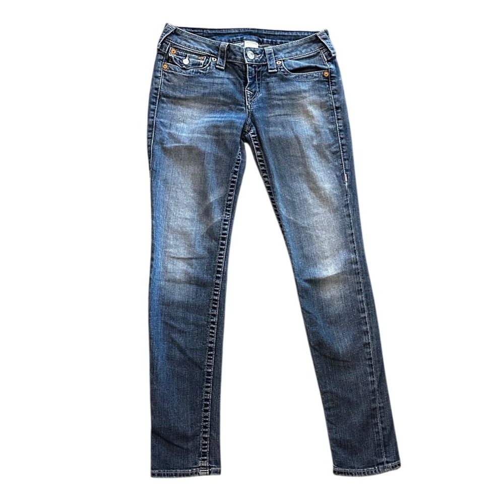 True Religion Skinny Jeans Medium Wash Blue Low Rise Horseshoe Pocket Size 28